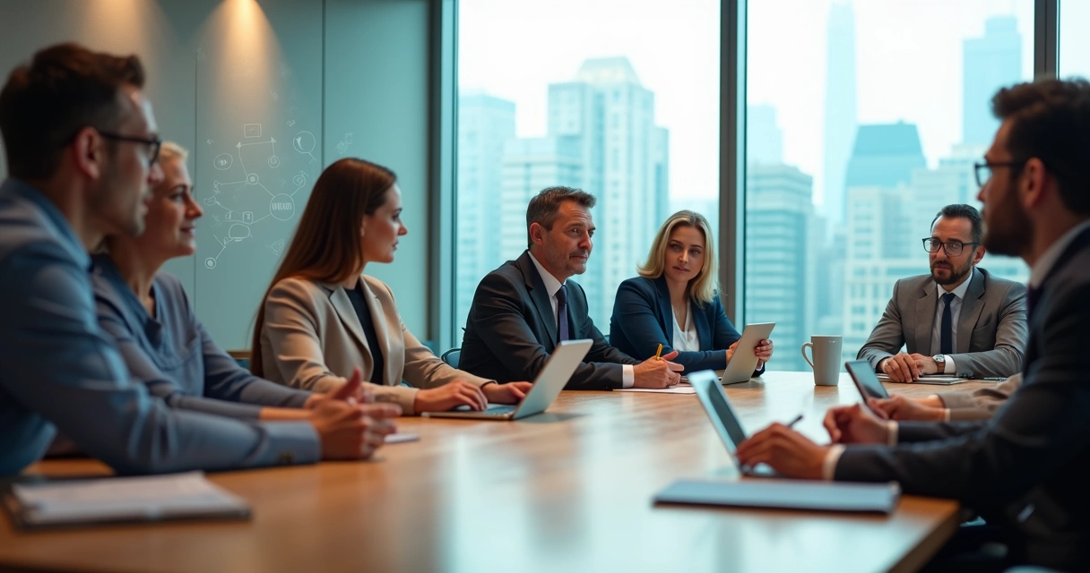 Líder escutando equipe em reunião com clima empático em escritório moderno 