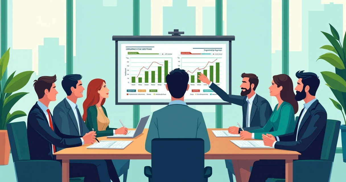 Grupo de empreendedores discutindo margens e taxas em sala moderna 