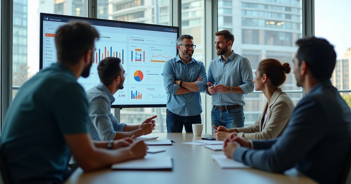 Grupo misto de empreendedores e investidores em reunião animada diante de gráficos coloridos em tela 