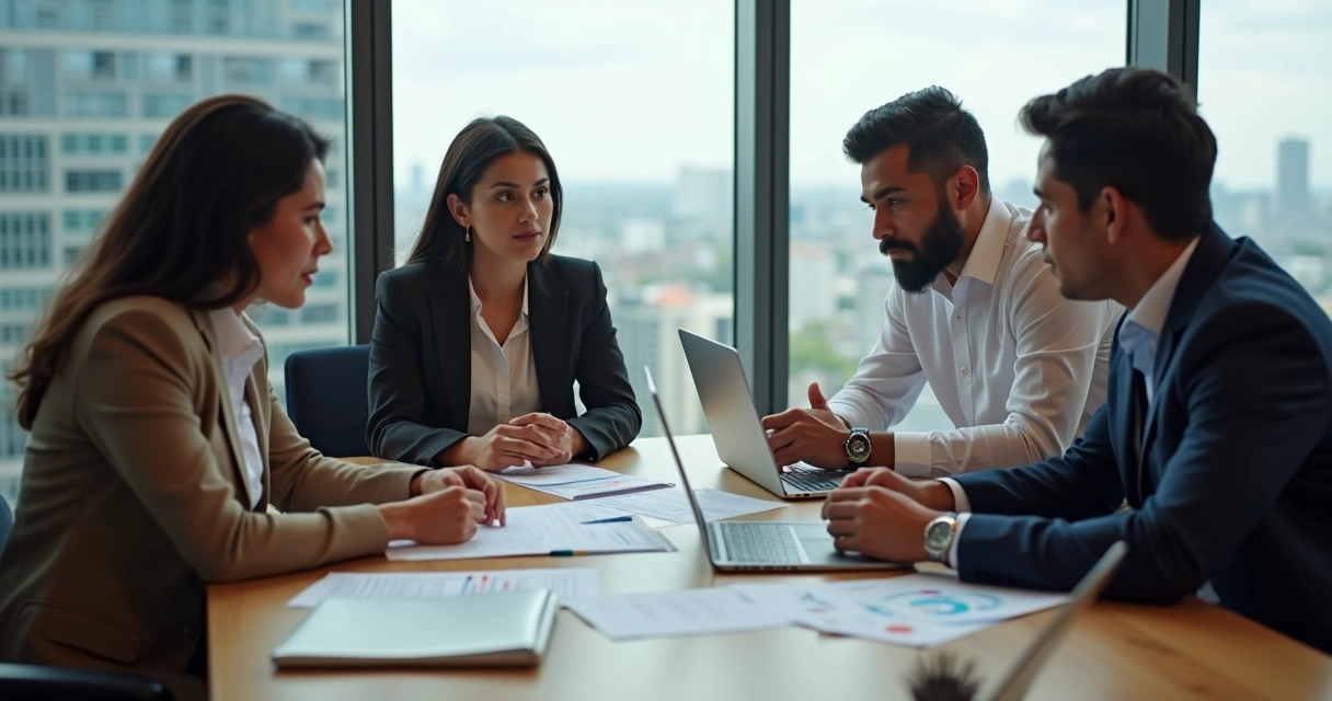 Quatro pessoas sentadas em torno de uma mesa avaliando planilhas, em ambiente corporativo, com papéis, notebooks e gráficos. 