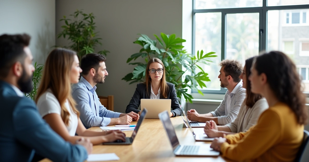 Equipe em reunião praticando atenção plena 