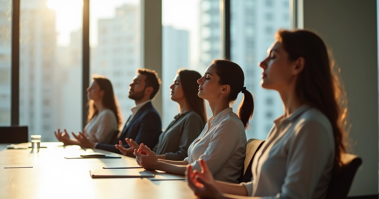 Pessoas em uma reunião de negócios praticando respiração consciente 