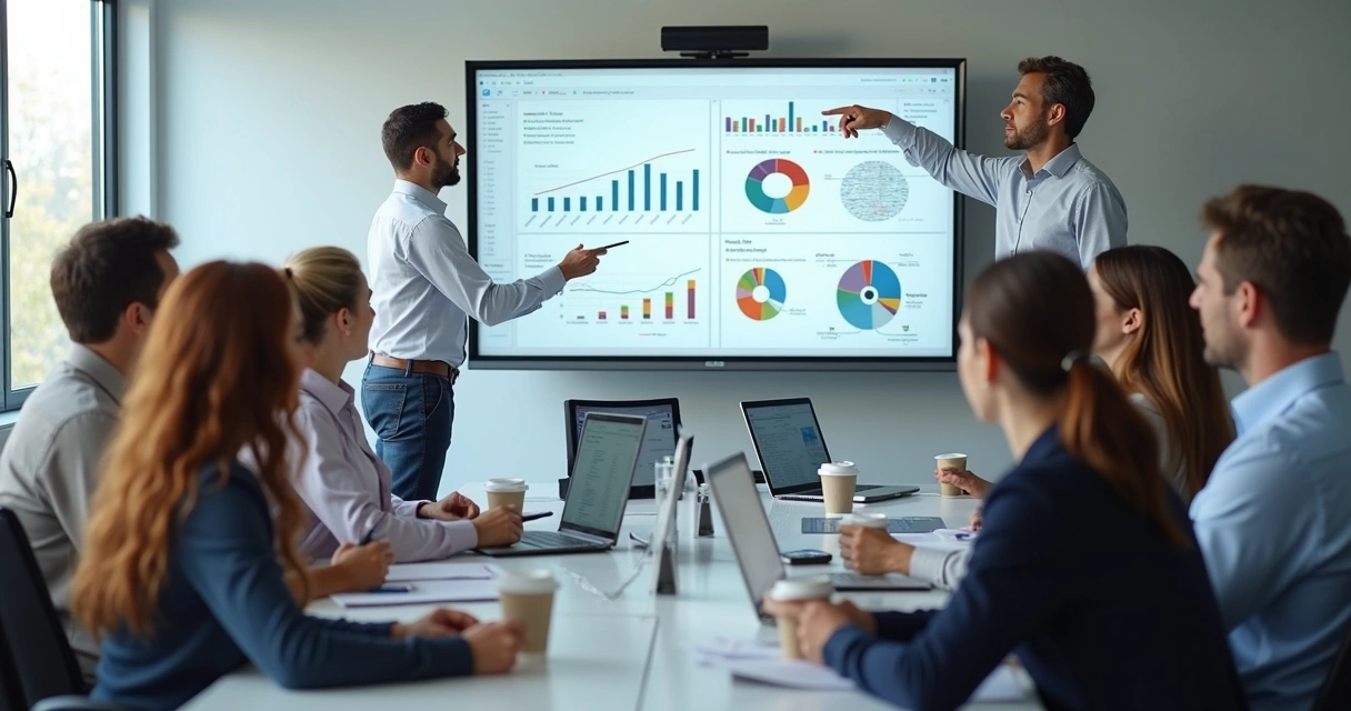 Reunião em sala de empresa com gestor apresentando gráficos e colaboradores discutindo resultados 