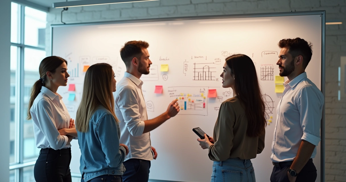 Grupo de empresários em reunião analisando quadro branco com post-its 