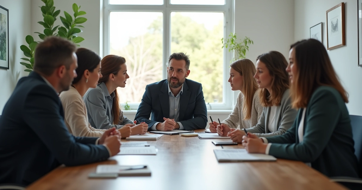 Equipe reunida em mesa de escritório, demonstrando conexão e diálogo 