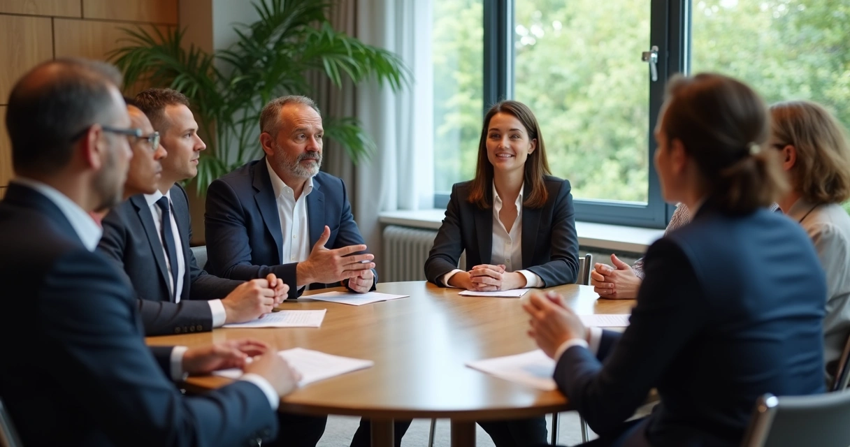 Equipe reunida em círculo, atentos, praticando escuta ativa.