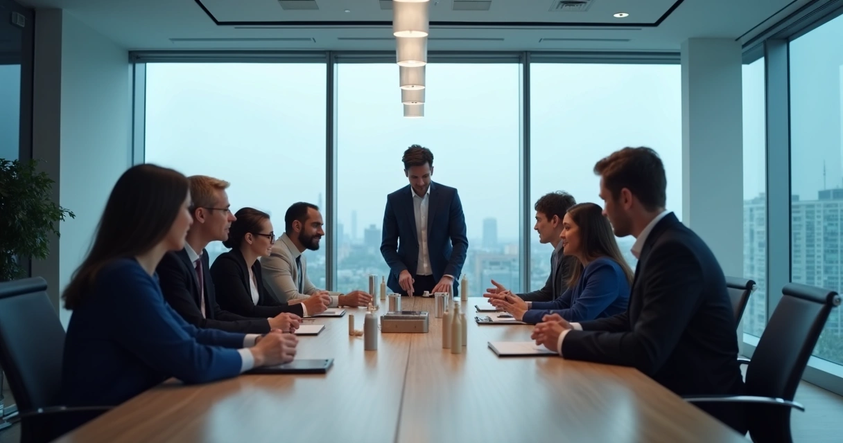 Grupo de pessoas em uma sala de reunião realizando dinâmica com representantes de papéis organizacionais