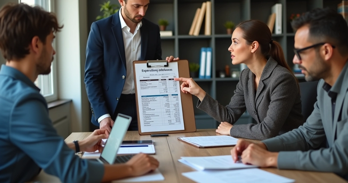 Reunião de empresa com contador explicando despesas 