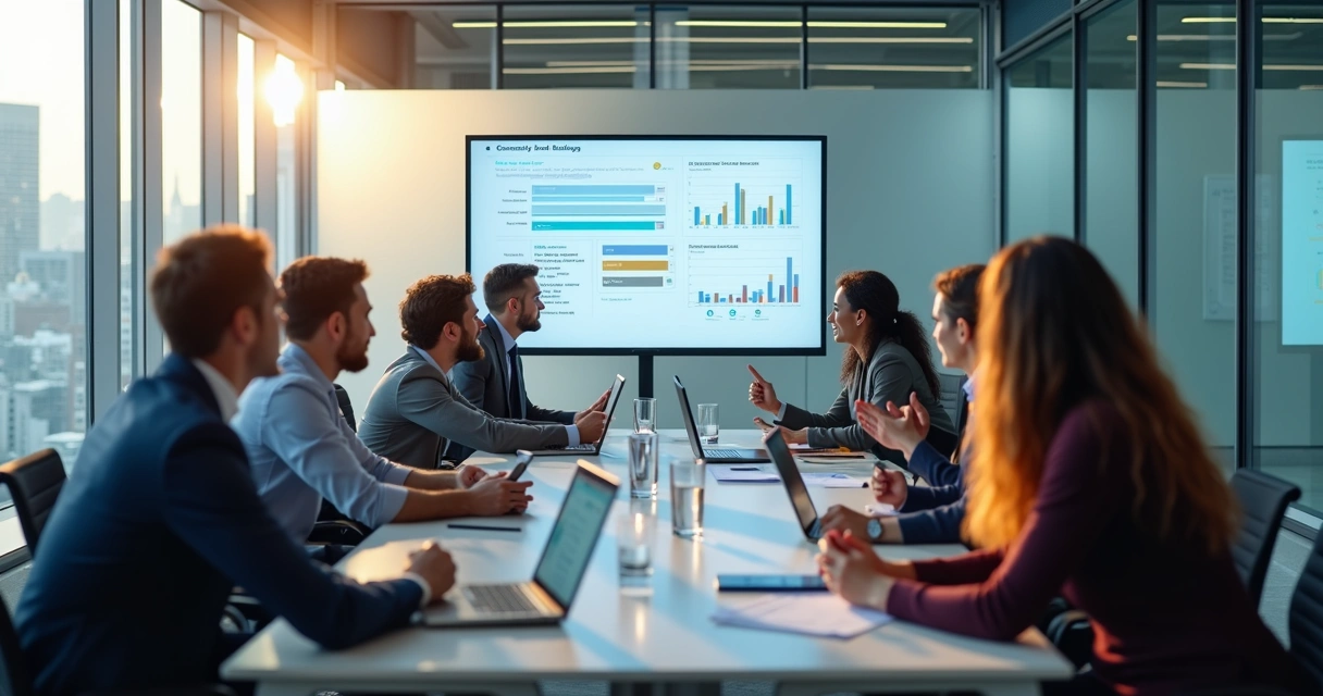 Equipe reunida discutindo dados de CRM em uma sala de reunião 
