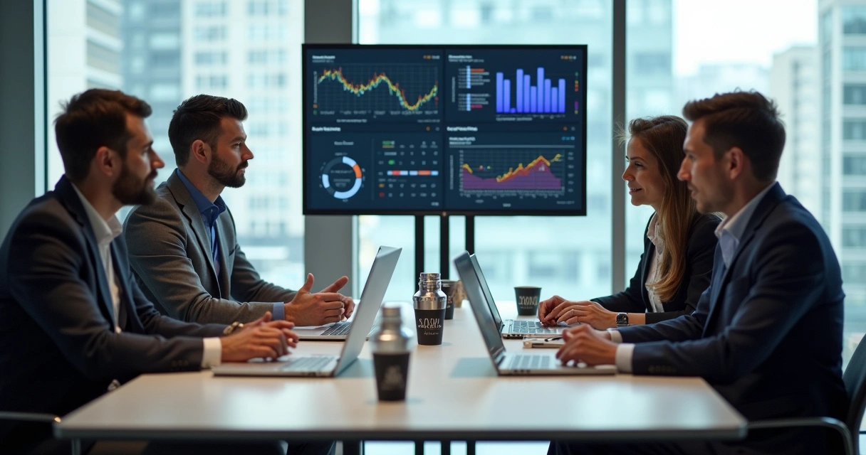 Equipe reunida em sala de reunião analisando CRM e promoções 