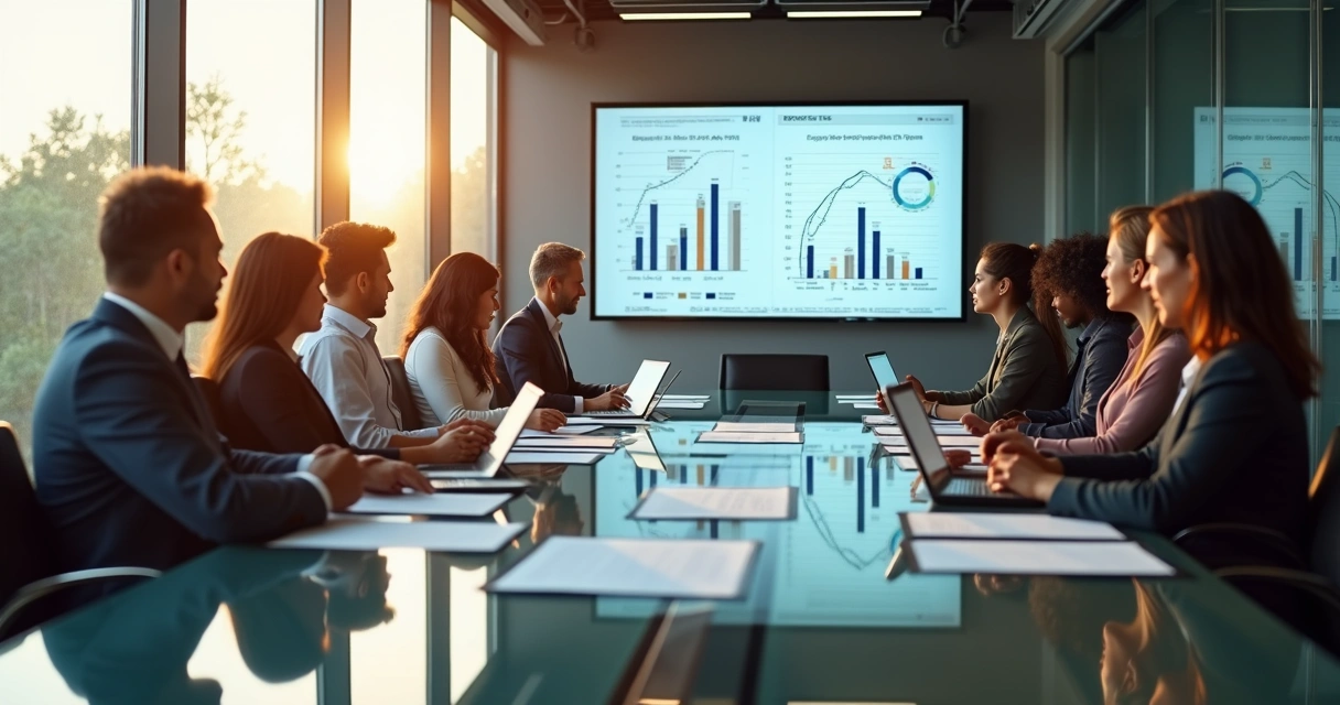 Gestores de empresa analisando gráficos em sala de reunião 