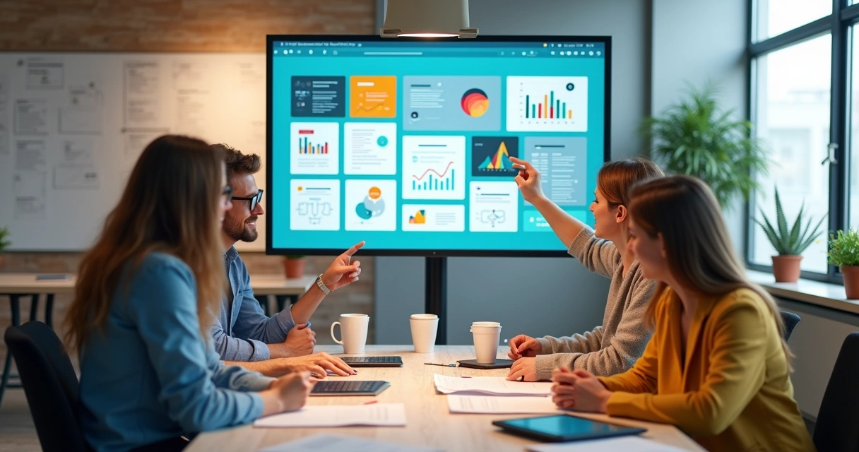 Equipe em reunião estratégica analisando layout de site em tela grande