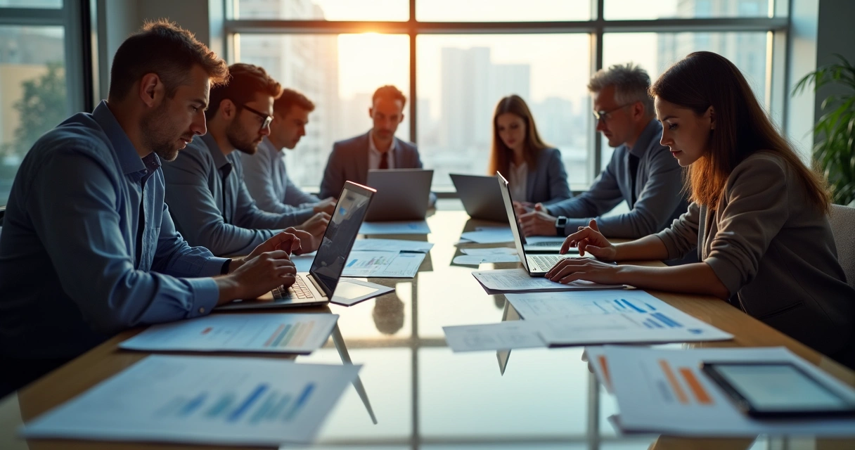 Profissionais reunidos analisando documentos e computadores com gráficos tributários 