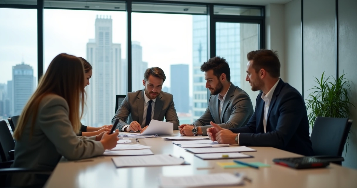 Equipe terceirizada e gestores em reunião de trabalho na empresa 