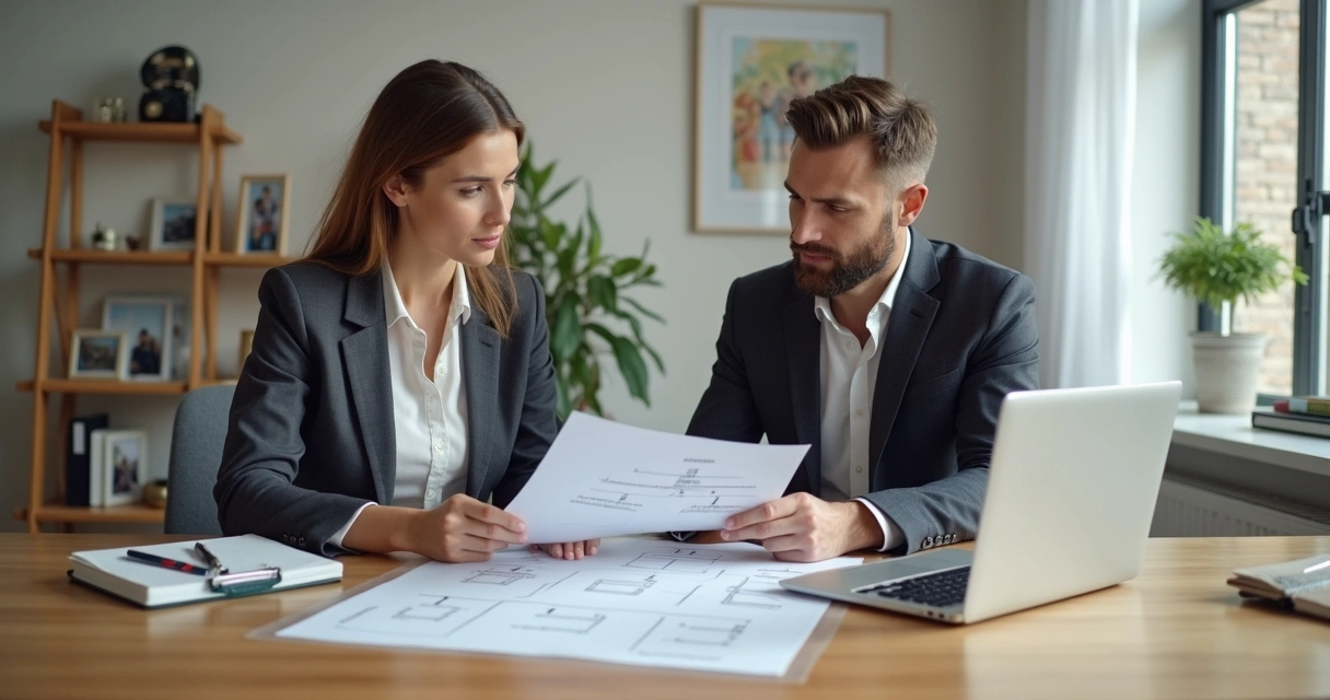 Duas pessoas sentadas à mesa em reunião discutindo papéis de trabalho 