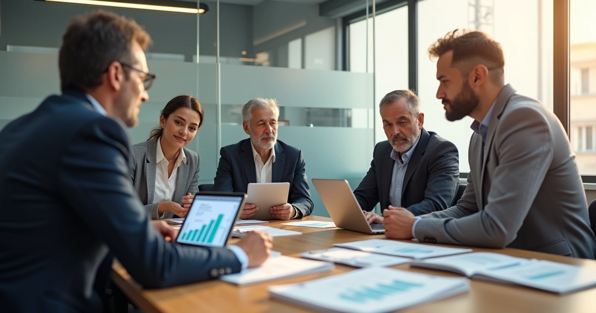 Pais e filhos em reuniao formal de empresa familiar em escritorio moderno 