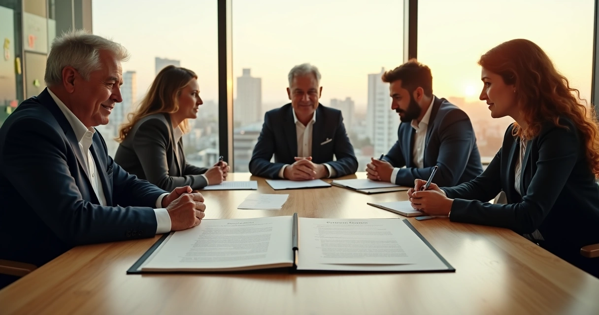 Reunião de família empresária assinando protocolo em escritório moderno 