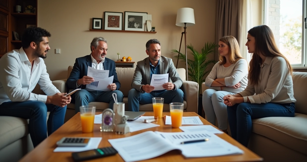 Familia discutindo negocio em sala de estar com documentos na mesa de centro 