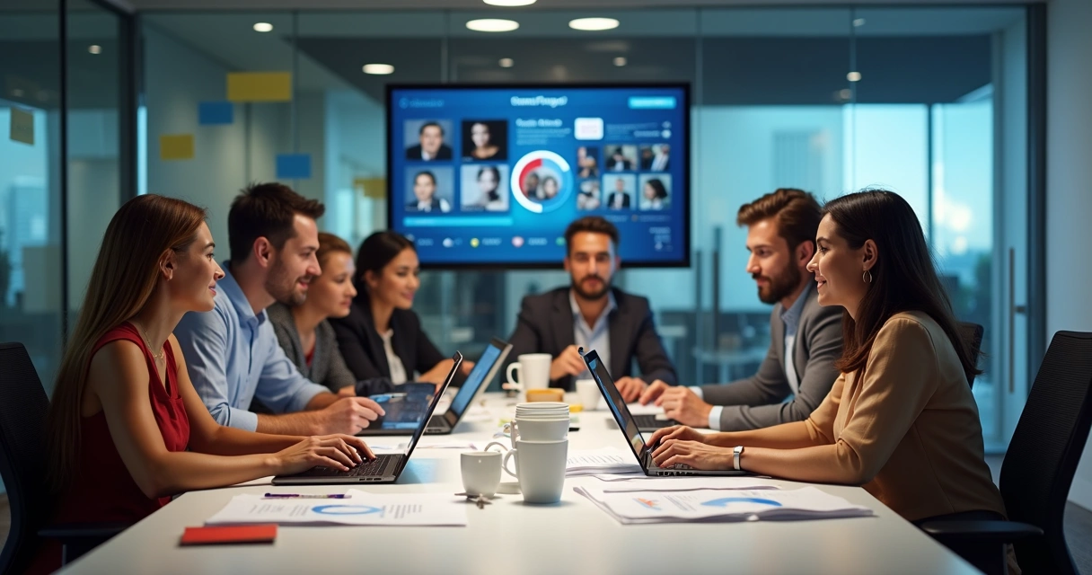 Grupo em reunião analisando perfis de criadores digitais 
