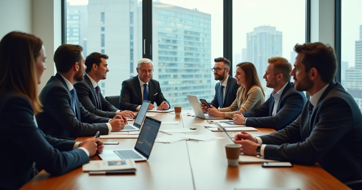 Reunião entre equipe de empresa e influenciadores digitais em mesa redonda 