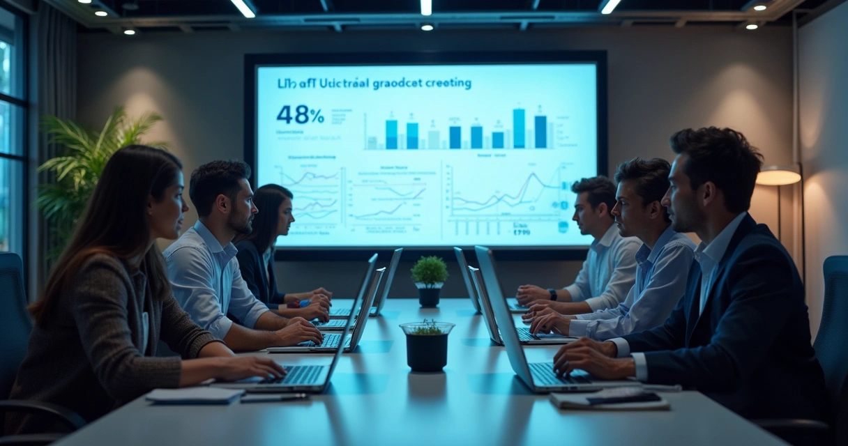 Reunião de equipe focada em inteligência artificial, gente olhando gráficos em uma tela 