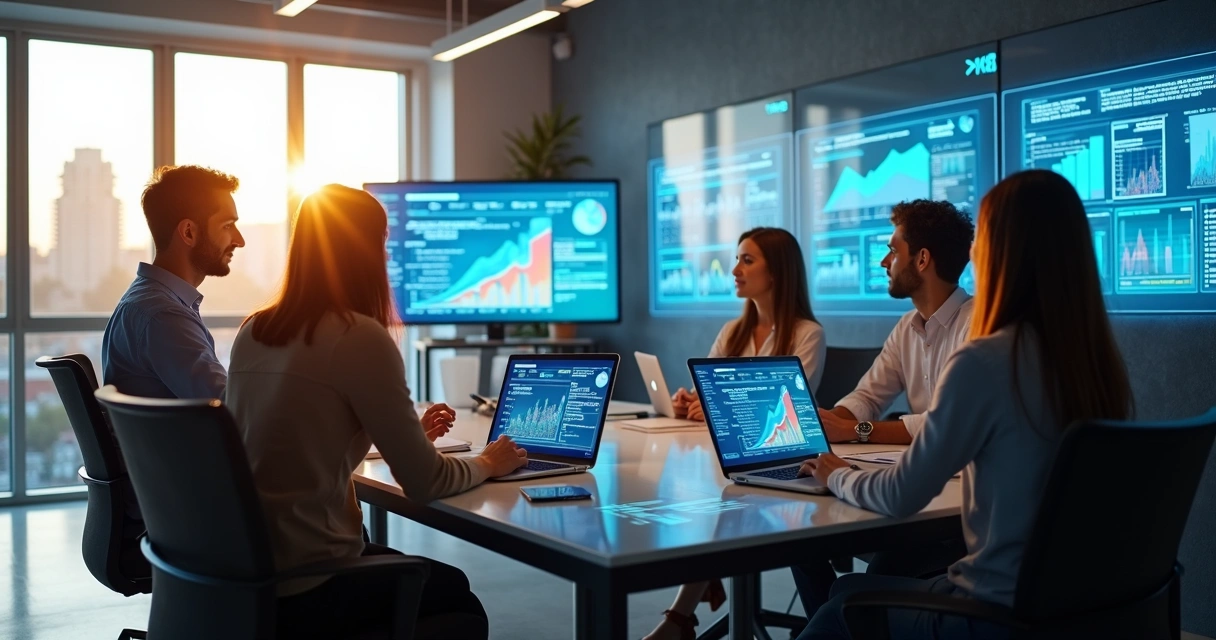 Equipe reunida em mesa analisando dados de inteligência artificial