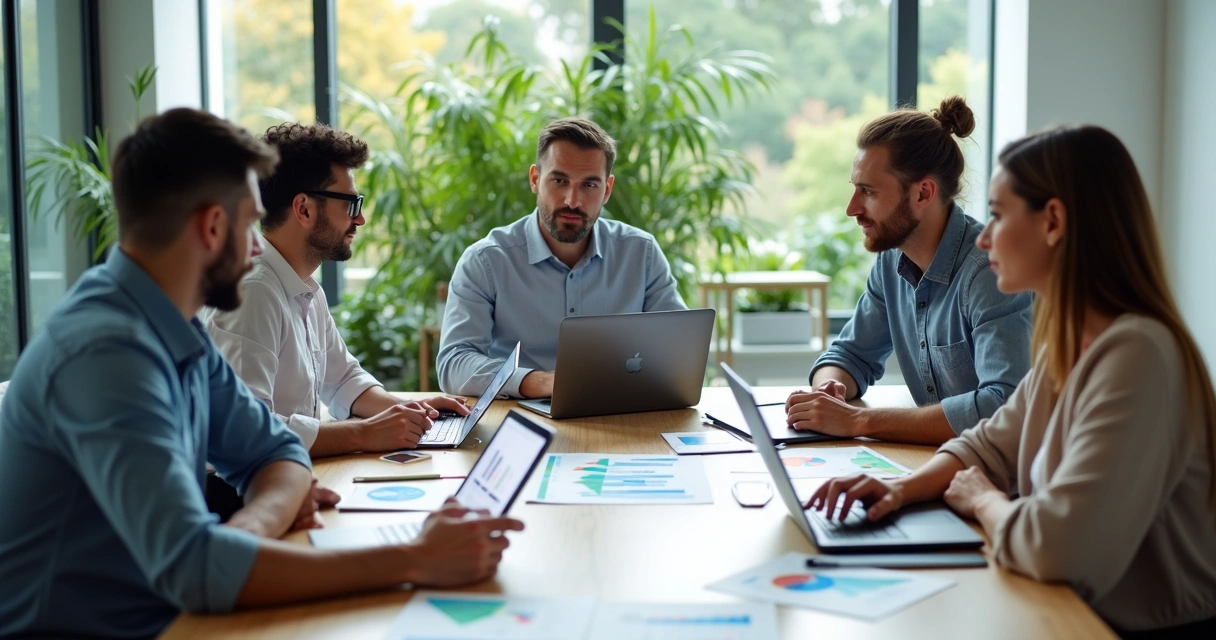 Profissionais de marketing reunidos discutindo estratégias digitais em uma mesa de escritório 