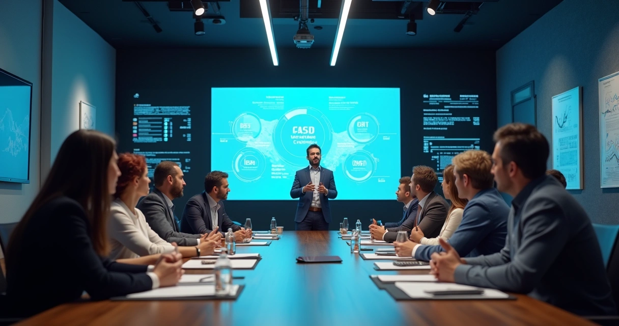 Reunião multidisciplinar de empresa analisando casos de sucesso de atendimento ao cliente