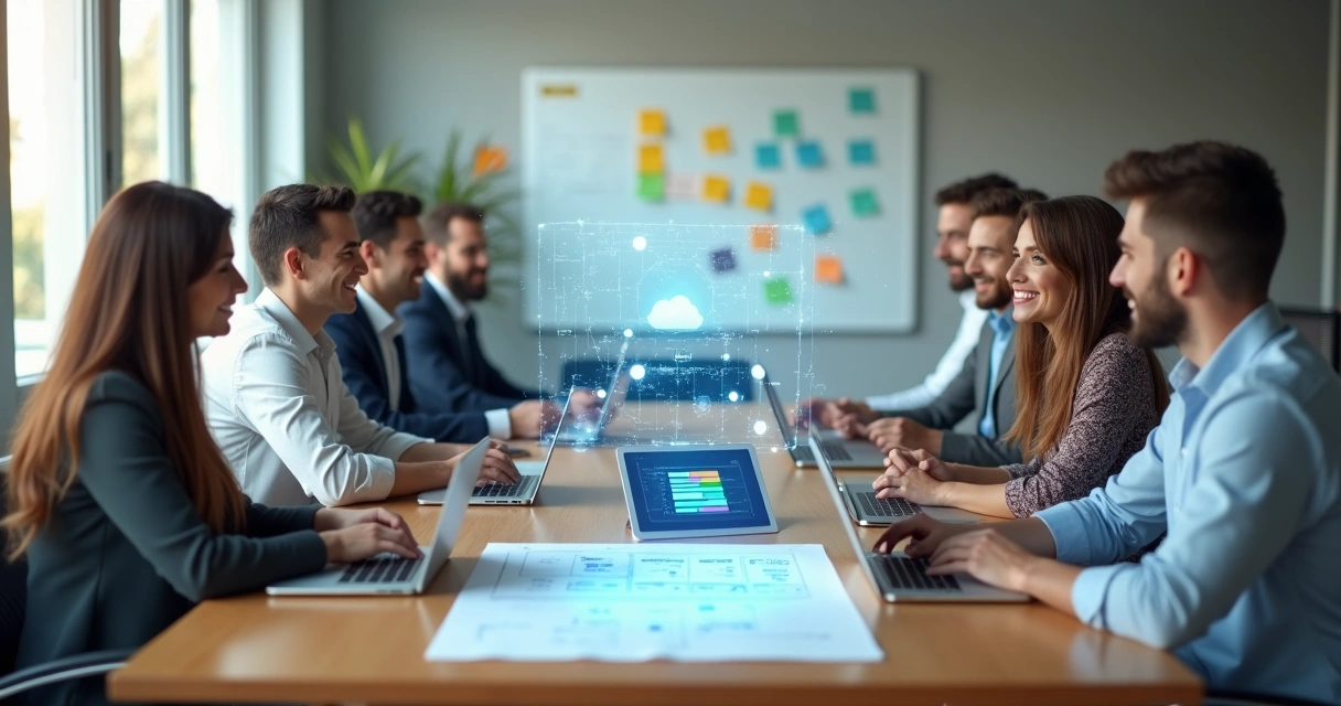 Reunião entre empresa e software house com protótipo de sistema na mesa 