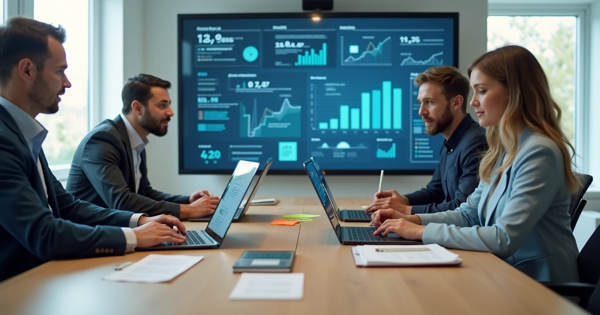 Empresário e equipe de desenvolvimento discutindo projeto de software em reunião 