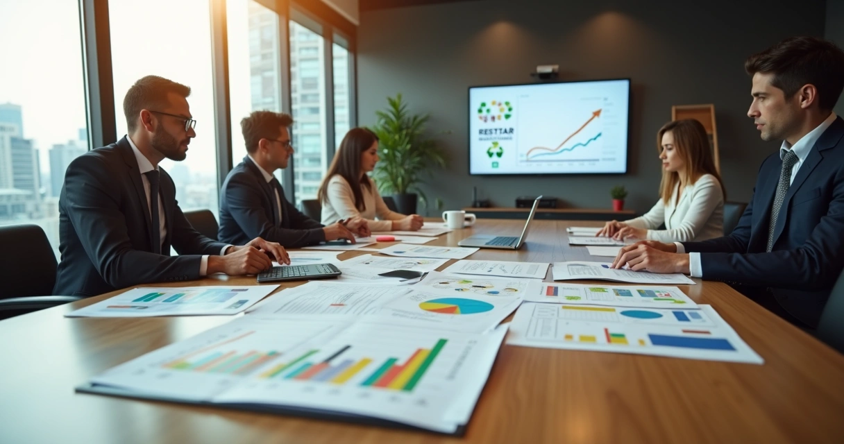Equipe empresarial analisando gráficos de custos e economia para 2026 em sala de reunião moderna 