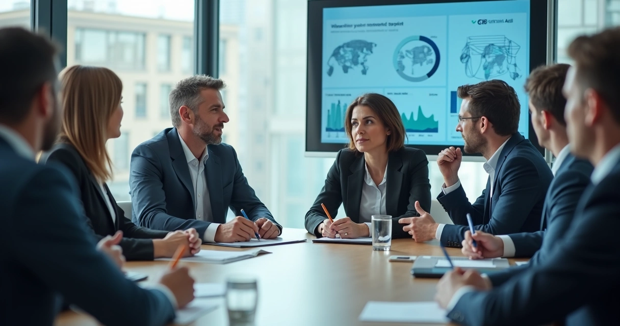 Grupo de líderes em reunião olhando para gráficos em uma sala iluminada 