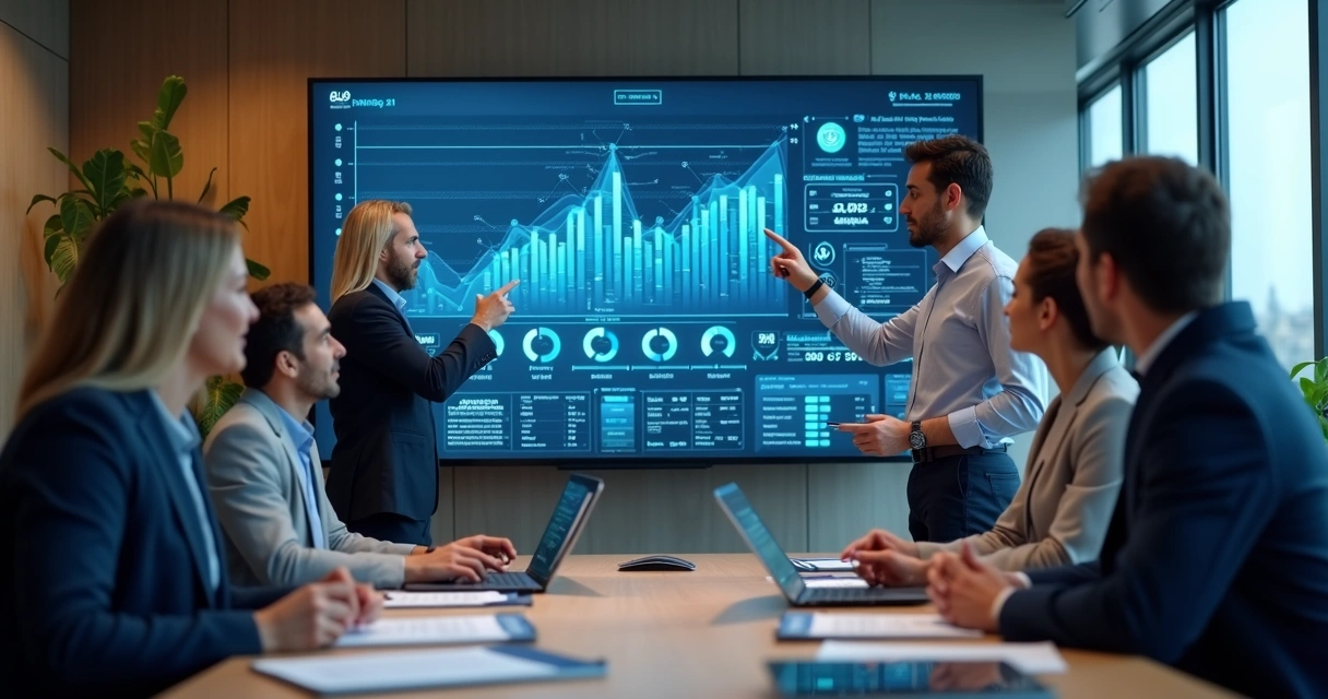 Executivos reunidos analisando impactos da inteligência artificial em operações empresariais 