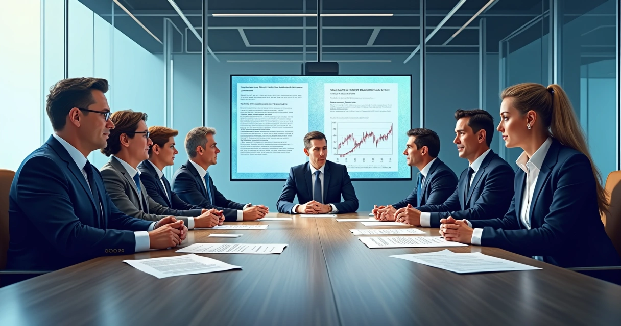 Reunião empresarial discutindo cláusulas contratuais com demonstrativos ao fundo