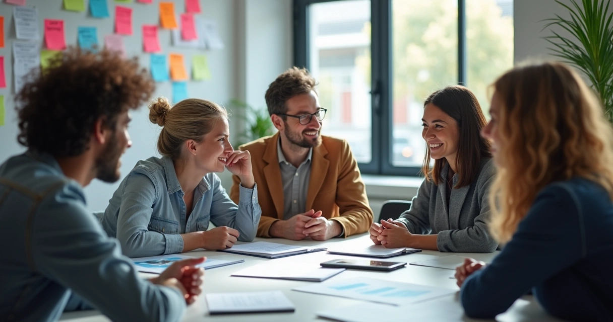 Reunião de equipe em empresa com post-its coloridos na parede 