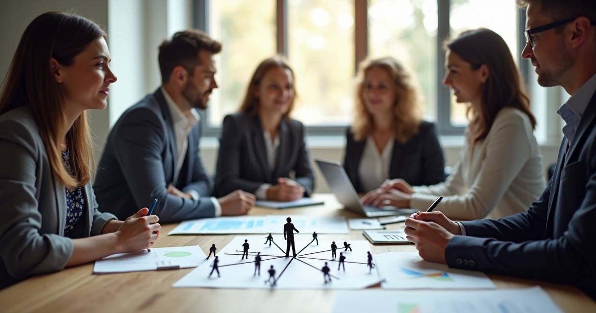 Equipe reunida em volta de uma mesa discutindo dinâmicas organizacionais 