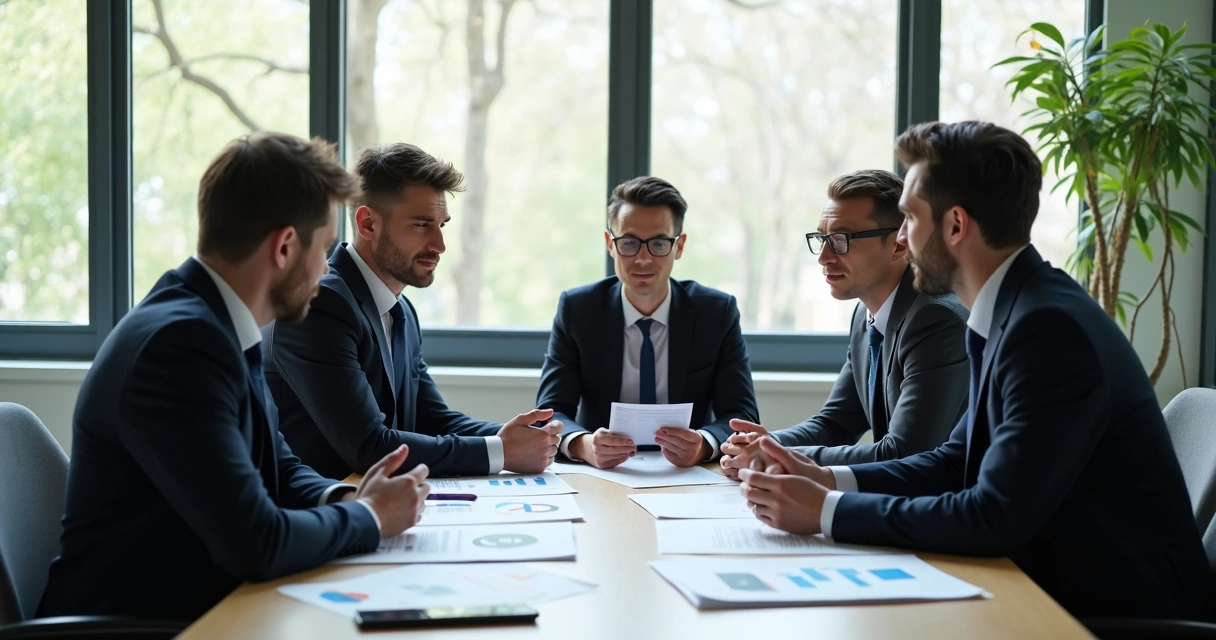 Time de vendas em reunião consultiva com representantes de outra empresa 