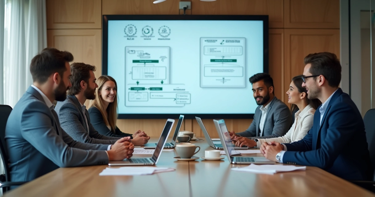 Reunião de empresários discutindo processos em uma sala de reunião 