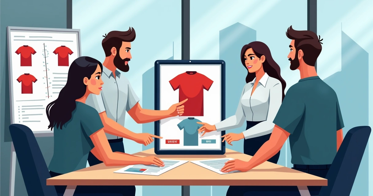 Consultoria corporativa em reunião presencial com mockups de camisetas personalizadas 