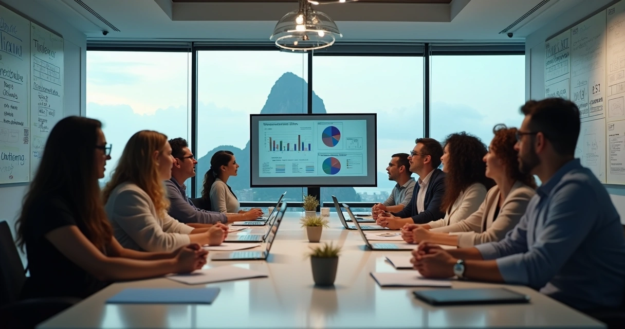 Equipe discutindo obrigações fiscais em reunião empresarial 