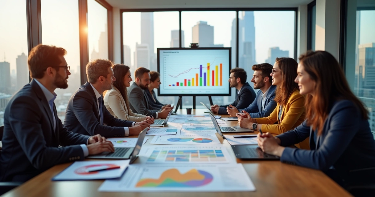 Equipe de negócios reunida analisando gráficos de crescimento 