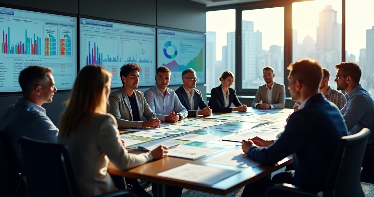 Equipe analisando gráficos e dados em uma mesa de reunião