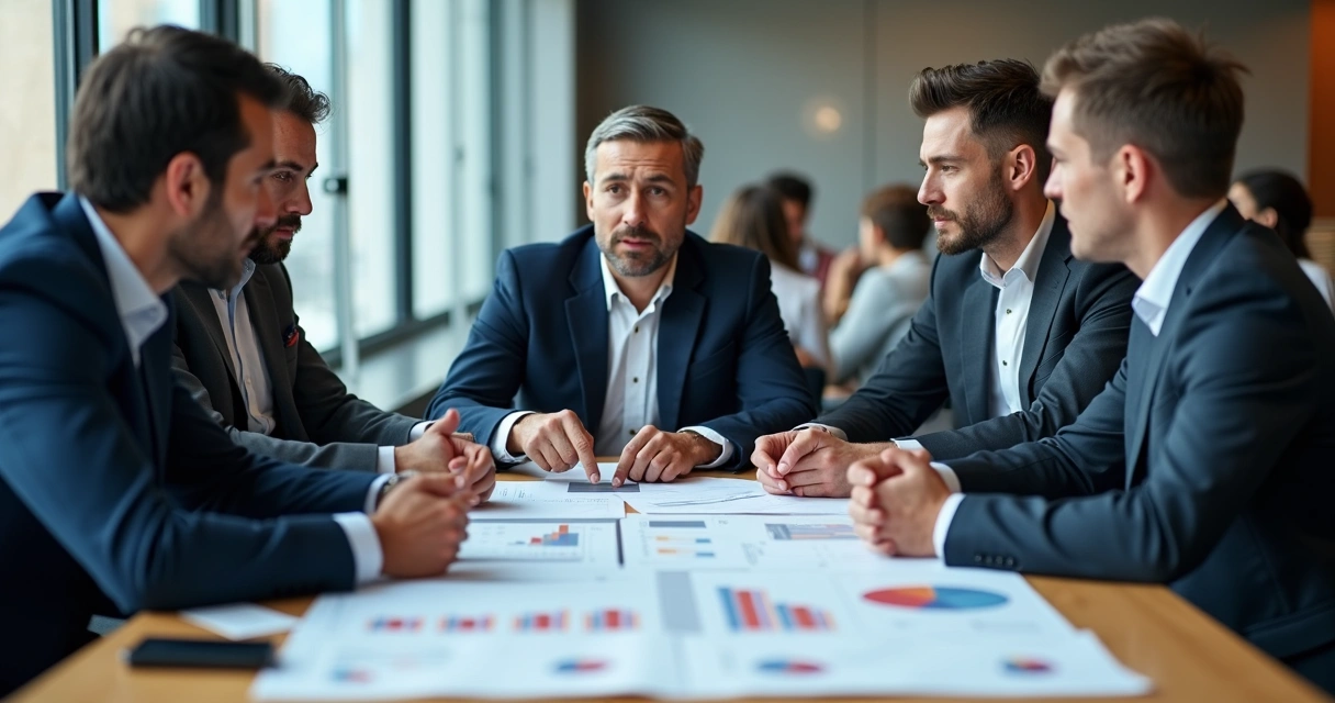 Reunião empresarial analisando relatório sobre mesa