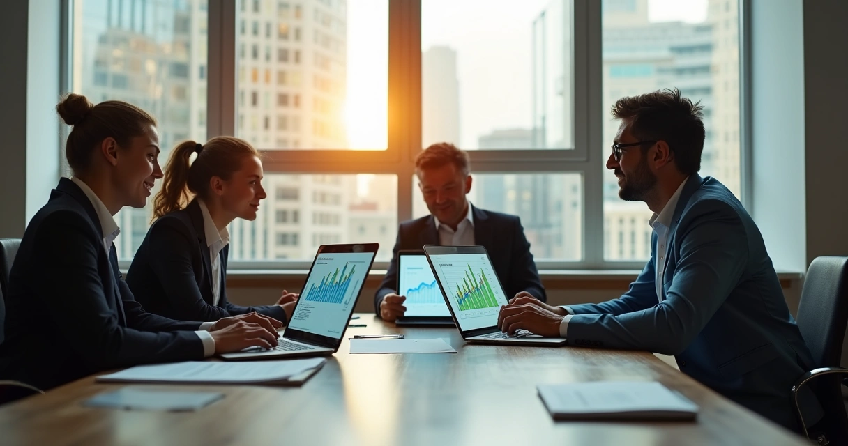 Reunião de executivos discutindo gráficos de energia limpa 