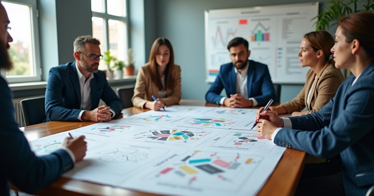 Equipe empresarial em reunião analisando fluxos de trabalho 