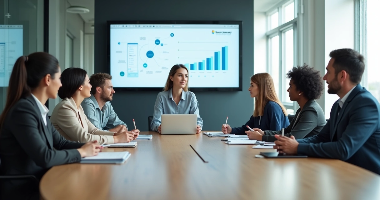Pessoas sentadas em volta de mesa de reunião, ouvindo ativamente uma mulher que fala 
