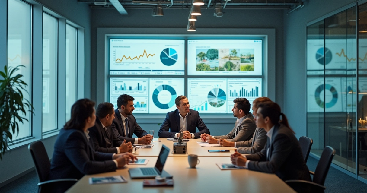 Executivos reunidos analisando dados ESG em telas e papéis, ambiente moderno 