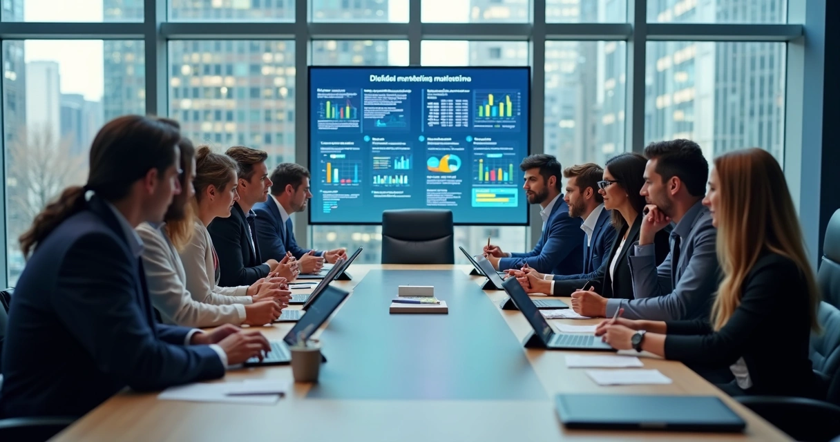 Sala de reunião com equipe executiva discutindo estrategia de marketing digital 