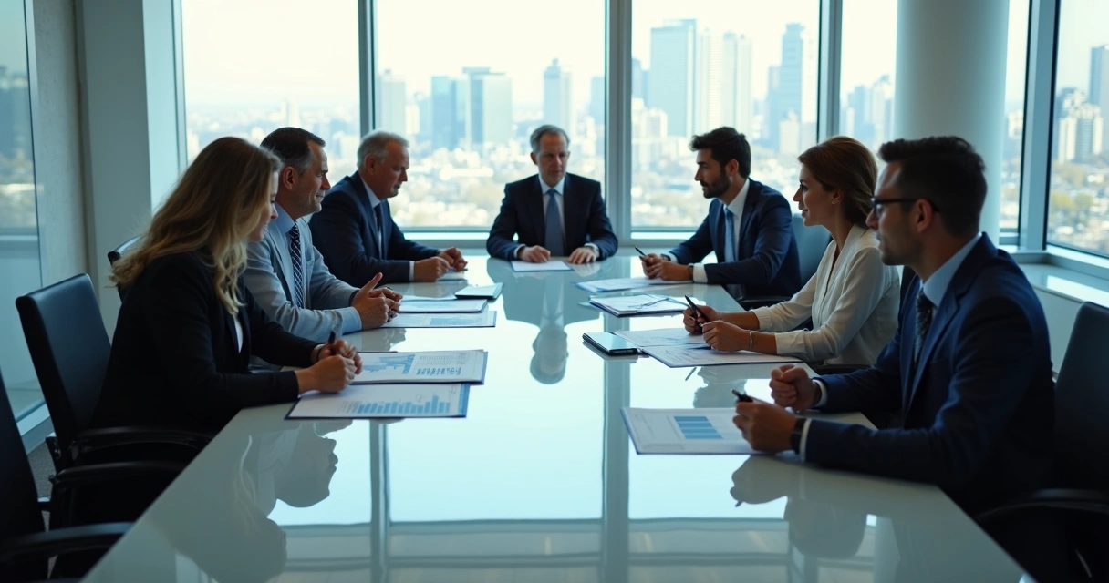Grupo de pessoas de negócios em reunião em torno de uma mesa, discutindo papéis