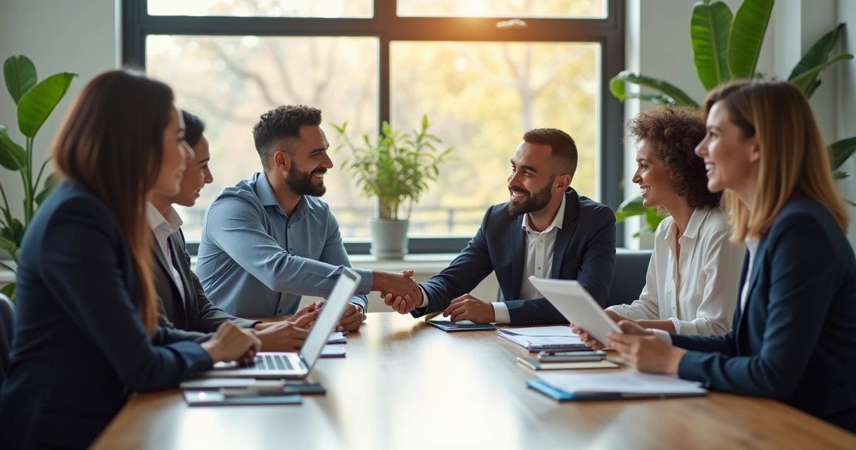 Equipe de trabalho reunida em mesa, duas pessoas apertando as mãos, sorrindo, ambiente profissional cordial